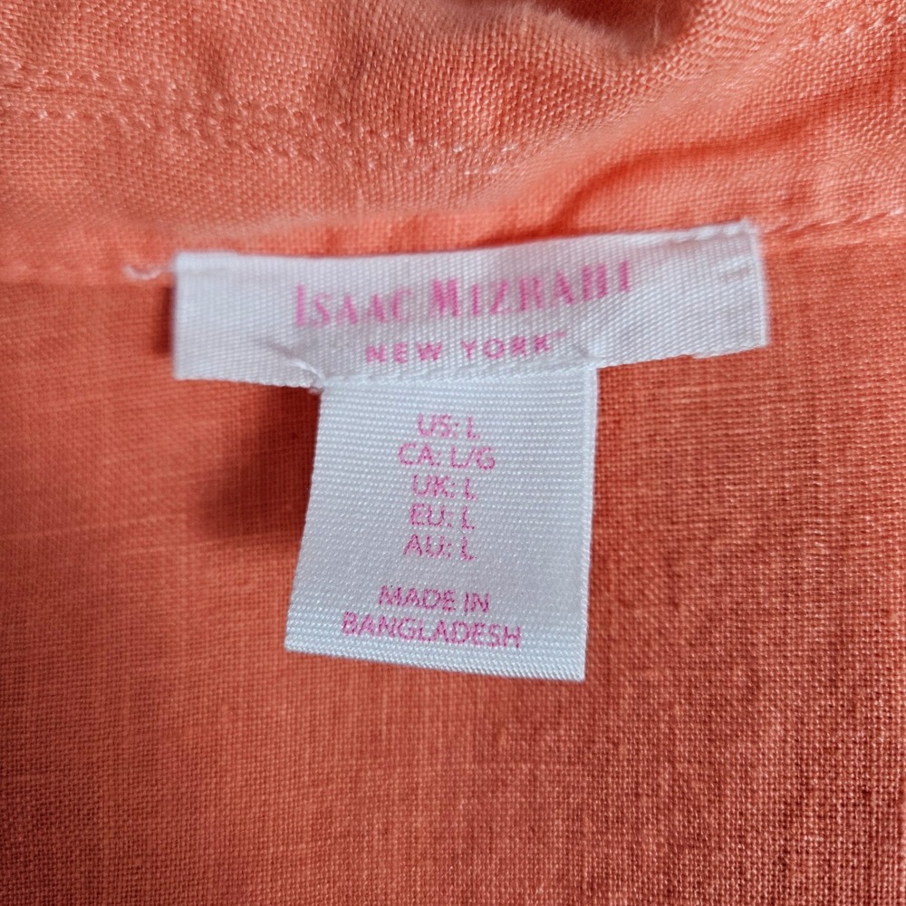Isaac Mizrahi Women L Linen‎ Blouse 3/4 Sleeve Tie Hem Coastal Coral Resort Top - Picture 3 of 8